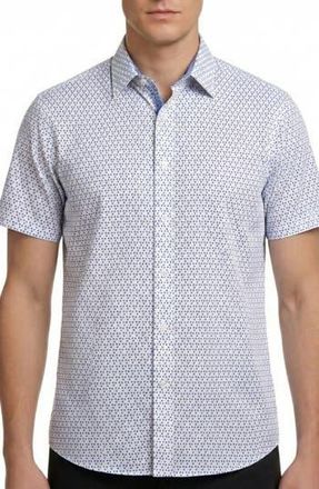Report Collection Dot Print Short Sleeve Stretch Button-Up Shirt in Blue at Nordstrom Rack, Size X-Large