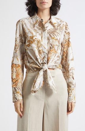 Reiss Cece Safari Print Tie Front Cotton Hidden Placket Shirt in Neutral at Nordstrom, Size 10