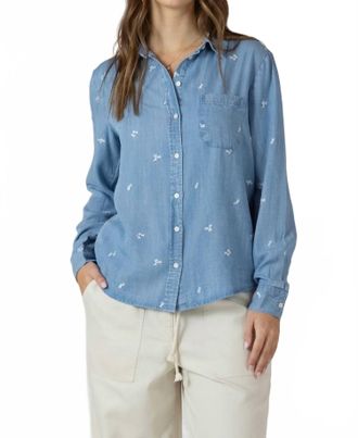 Dex Clothing Dailey Embroidered Button-Front Shirt In Medium Blue Wash/white Petal