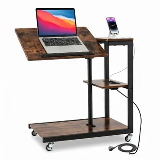 Costway Costway Tavolino Da Divano E Letto, Tavolino A 3 Ripiani Con Ruote Bloccabili, Piano Inclinabile, Striscia Antiscivolo E Stazione Di Ricarica, Tavolo 