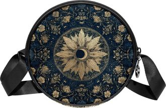 Generic Circle Crossbody Bag for Women, Retro Floral Sun Small Sling Bag Daypack with Zipper Adjustable Shoulder Straps Casual Ladies Girls Round Purse