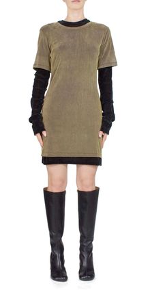PriscaVera Velvet Mesh Layered T-Shirt Dress In Olive Oil