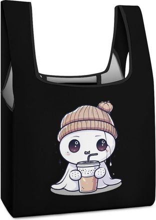 Generic Cute Ghost Ice Coffee Halloween Shopping Bag Reusable Grocery Tote Bag Foldable Handbag for Travel Picnic