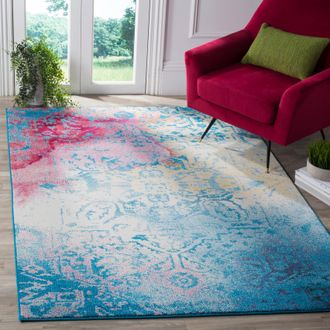 Safavieh Watercolor Machine Made Area Rug, Light Blue / Light Yellow Contemporary Style Easy Care