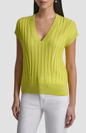 DKNY Rib Short Sleeve Sweater in Limeade at Nordstrom, Size X-Small