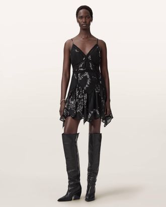 AllSaints Cotton Zia Asymmetric Mini Dress, Size: UK 14/US 10