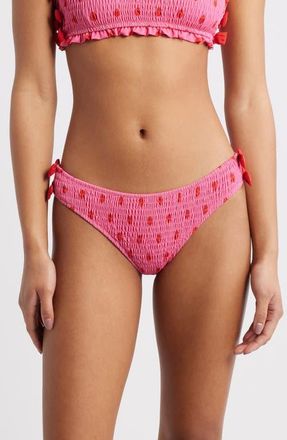 Damson Madder Polka Dot Smocked Bow Bikini Bottoms in Pink at Nordstrom, Size 14 Us