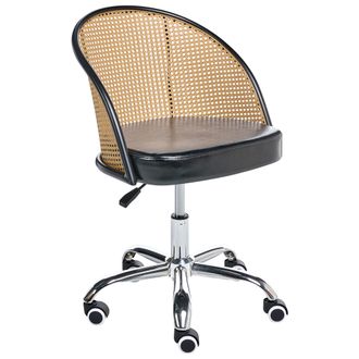 Beliani Beliani - Silla De Oficina Retro De Piel Sint&eacute;tica Respaldo De Rat&aacute;n Sint&eacute;tico Trenza Vienesa Giratoria Ajustable Negro Baltimore