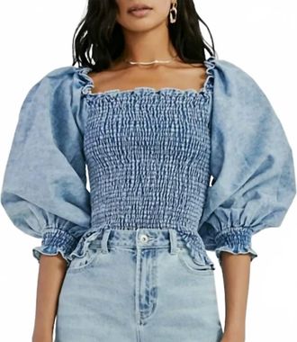 Something Navy Smocked Puff Sleeve Top In Medium Blue