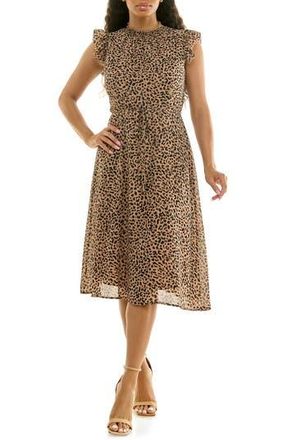 Nina Leonard Smock Chiffon Midi Dress in Tan/black at Nordstrom Rack, Size X-Large