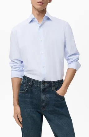 Mango Slim Fit Stripe Button-Up Shirt in Sky Blue at Nordstrom, Size Medium