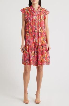 Julia Jordan Floral Print Pleated Ruffle Hem Dress in Red Multi at Nordstrom Rack, Size X-Small