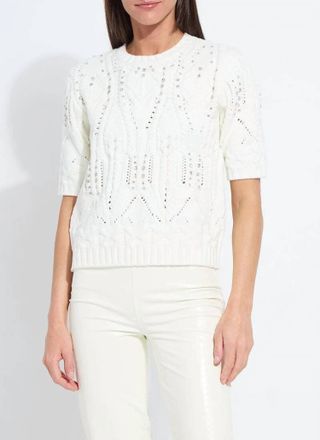 Lyss&eacute; Hadley Cozy Short Sleeve Embellished Cable Sweater In Snow White