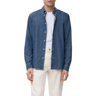 Mango Regular Fit Cotton & Linen Denim Button-Down Shirt in Medium Blue at Nordstrom, Size X-Large