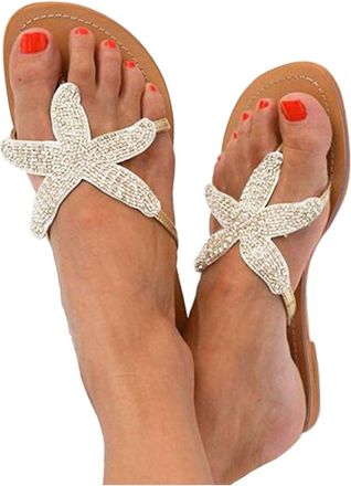 Generic Womens Summer Beach Sandals Cute Flat Sandal Rhinestone Flip Flops Comfortable Flat Thong Sandals Dressy Bohemian Slides for Vacation Bohemian Summer 