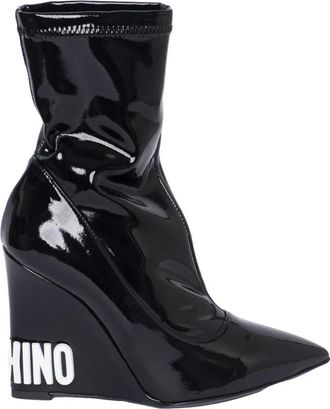 Moschino Ankle Boot Logo - Dames - Sleehakken - Zwart - 36 EU - Leer - Schoenen