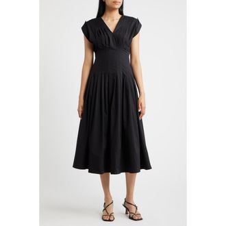 Anne Klein Pleated Waist Stretch Cotton Midi Dress in Anne Black at Nordstrom, Size 10P