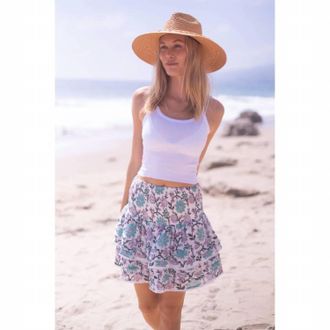 Bell Pleated Smocked Mini Skirt In Light Turquoise Purple Floral