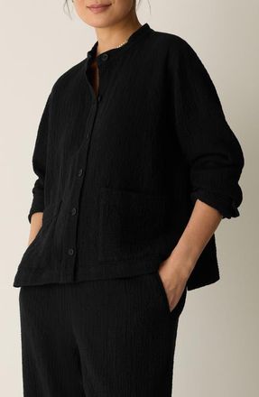 Eileen Fisher Mandarin Textured Stretch Organic Cotton Shirt Jacket in Black at Nordstrom, Size Xx-Small