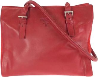 Prada Pre-owned Handbags, female, Red, Size: ONE SIZE Pre-owned Tessuto Leather Nylon Shoulder Tote Bag