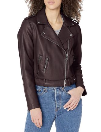 Levi's Womens Faux Leather Belted Motorcycle Jacket (Standard and Plus Sizes), Plum, 2X