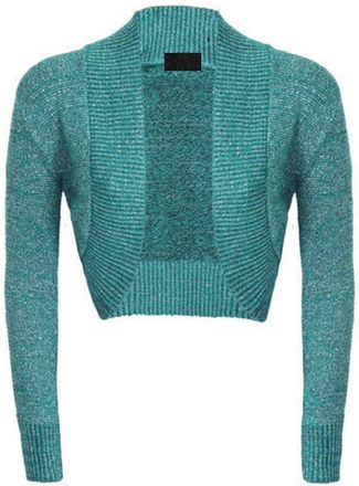 Generic WearAll New Ladies Womens Long Sleeve Shiny Knitted Metallic Lurex Shrug Bolero Cardigan Top Teal 12-14