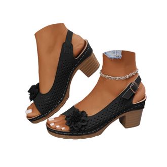 Generic Block Heel Sandals for Women Open Toe Ankle Strap Chunky High Heels Foral Sandals Casual Hollow Out Summer Dressy Sandal Slingback Chunky Block Heel D