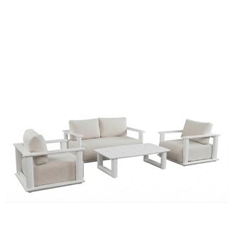Kerama Conjunto de jard&iacute;n 4 plazas de aluminio blanco y cojines beige