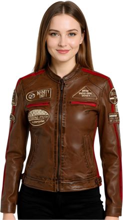 Infinity Leather Womens Tan Biker Racing Badges Jacket-Dalby Lamb Leather - Size 18 UK