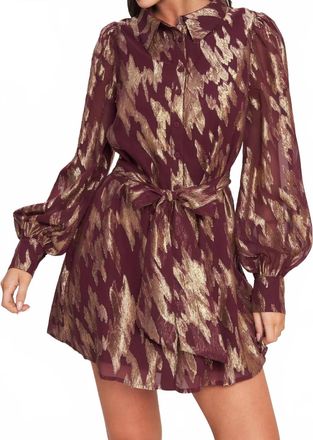 Flying Tomato Muse Metallic Print Long Sleeve Collared Mini Dress In Burgundy Multi