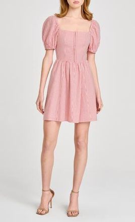 Wayf Leonie Print Puff Sleeve Linen Blend Minidress in Red Mini Dot at Nordstrom Rack, Size Medium