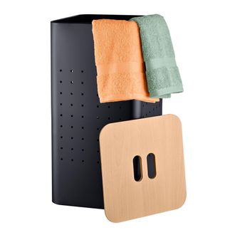 Relaxdays Relaxdays, Cesto Ropa Con Tapa, Metal, 55 L, (al X An X Fon) 56 X 31,5 X 31,5 Cm, Con Orificios, Negro/efecto Madera