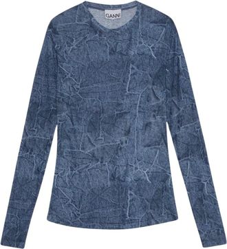 Ganni Blauwe Graphic Mesh Blouse met Lange Mouwen - Dames - Longsleeves - Blauw - M - Leer - Tops