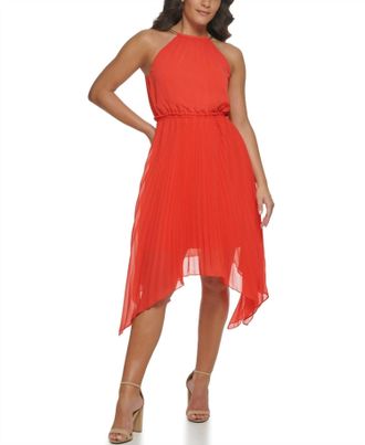 Kensie Pleated Asymmetrical Dress In Coral