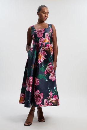 Karen Millen Womens Plus Size Romantic Floral Print Prom Woven Maxi Dress - Navy - Size 18 UK
