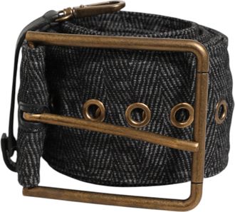 Dolce & Gabbana Grijze Stof Logo Plaat Metaal Messing Gesp Riem