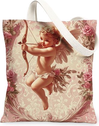 Generic Cartoon Valentines Day Fairy Canvas Tote Bag for Shopping 13x15, Fun Aesthetic Rose Love Heart Reusable Grocery Print Bag for Women, Holiday Beach Aes