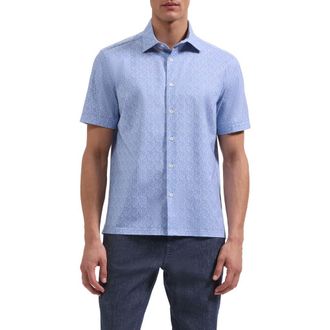 Bugatchi Milo OoohCotton Leaf Print Short Sleeve Button-Up Shirt in Iris at Nordstrom, Size Xxx-Large