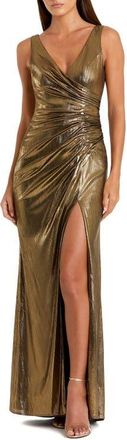 Mac Duggal Metallic Jersey Dress with Ruched Bodice and V-Neck in Antique Gold at Nordstrom, Size X-Small