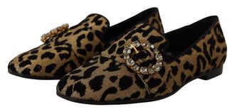 Dolce & Gabbana Womens Gold Leopard Print Crystals Loafers Shoes Brown Cotton 10 % Viscose