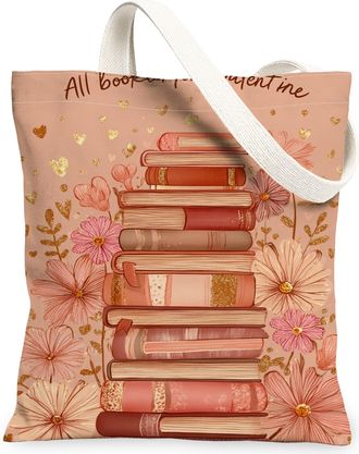 Generic Floral Books Canvas Tote Bags, Vintage Book Stack Design Reusable Grocery Bags, Lightweight Washable Shoulder Strap Canvas, Peach, 13x15 Inch