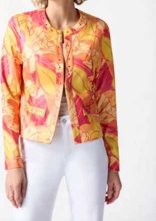 Joseph Ribkoff Foiled Suede Floral Print Fitted Jacket In Pink/multi