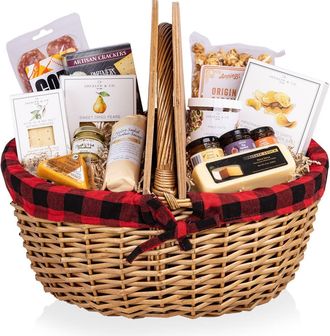 Picnic Time Country Basket with Gourmet Gift Pack in Red & Black Buffalo Plaid at Nordstrom