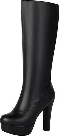 Generic Womens Sexy Platform Knee High Boots Round Toe Super High Block Heel With Zipper For Parties And Dating