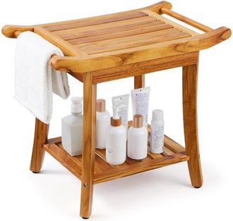 OEM Duschbank Aus Teakholz, 56 X 36 X 47 Cm, Wasserdichter Duschhocker Aus Holz Mit Ablagefl&auml;che, Griff Und Rutschfesten F&uuml;&szlig;en, Maximale Tragkraft 136 Kg,