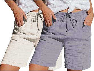 Generic 2 Pack Cotton Linen Shorts for Women UK Summer Ladies Solid Colour Drawstring Knee Length Cropped Trousers with Pockets Elastic Waist Loose Casual Cap