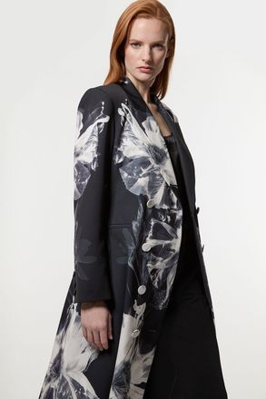 Karen Millen Womens Tailored Crepe Placed Floral Full Skirted Double Breasted Jacket - Monochrome Multi - Size 10 UK