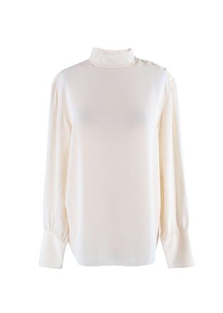 Chloé High Neck Shoulder Button Cream Silk Blouse Size L