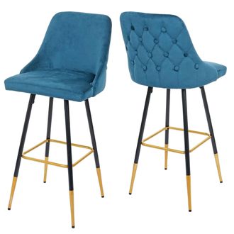 Hhg Hhg - Juego De 2 Taburetes De Bar 665, Taburete De Bar Taburete De Barra, Dise&ntilde;o Retro Puntales/pies De Terciopelo Dorado, Azul Petr&oacute;leo