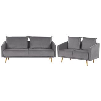 Beliani Conjunto De Sof&aacute;s Tapizados En Terciopelo Gris 5 Plazas Respaldo Acolchado Asiento Metal Patas Doradas Retro Glam Maura